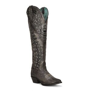 MSRP $398 Corral Black Overlay Embroidery & Crystals Tall Pointed Cowgirl Boot